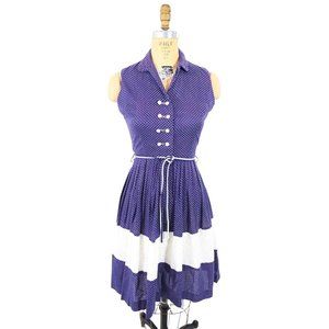 Vintage 50s Polka Dot Dress Blue Purple Button Down Shirtdress | W 26"